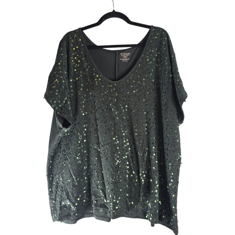 Lane Bryant Womens Sequin Embellished Scoop Neck Short Sleeve Top Green Sz 26/28